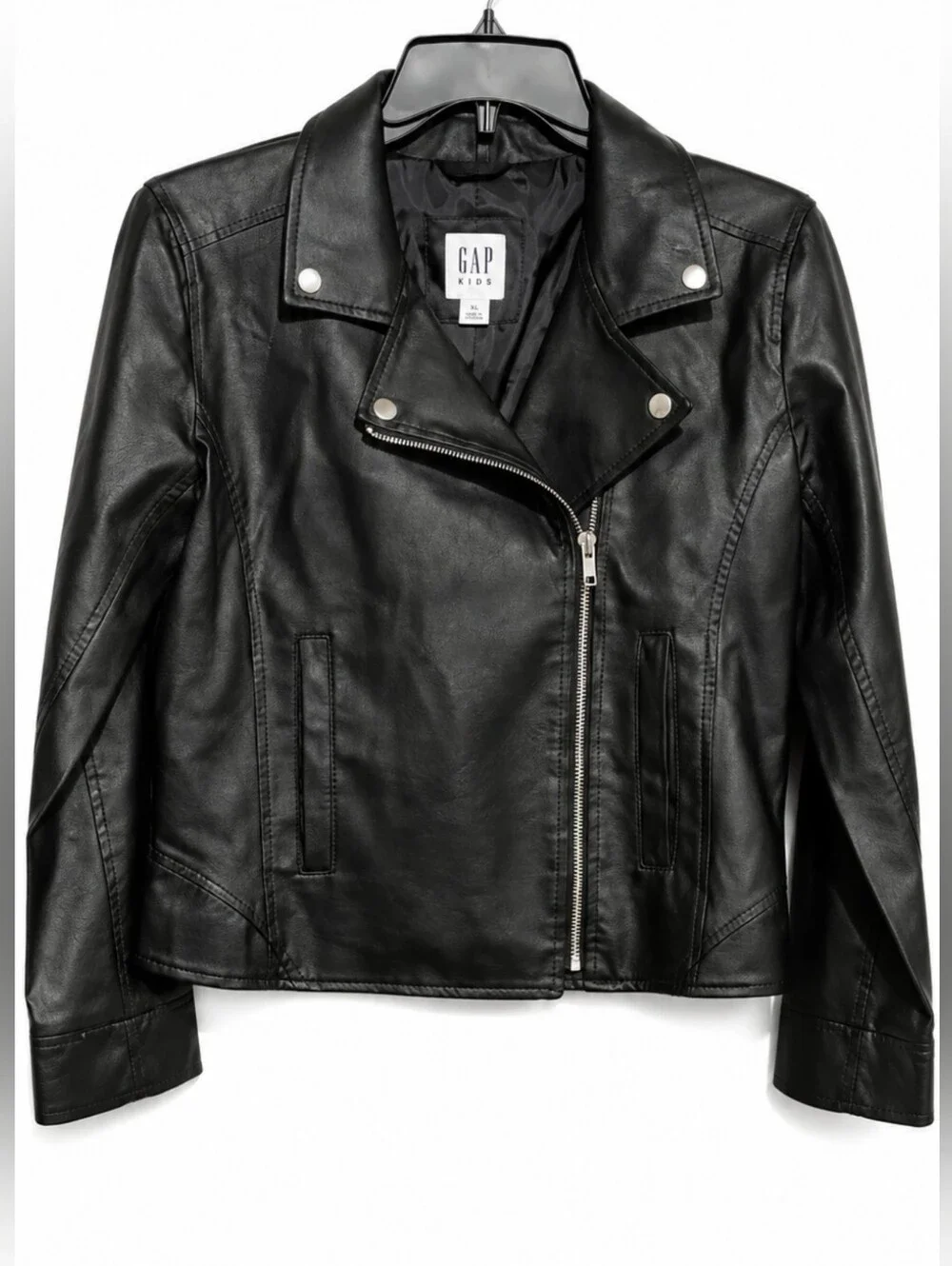 GAP Girls Sz XL Black Faux Leather Moto Jacket with Silver Hardware